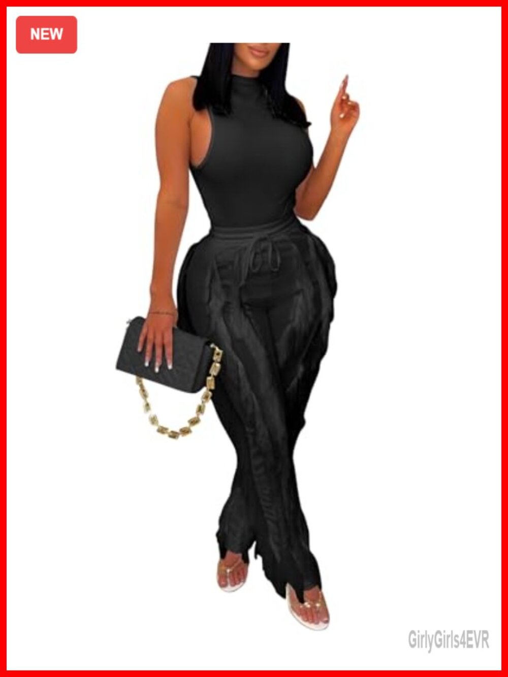 Women 2 Piece Sleeveless Top Fringe Pants Set Going Out Club Loungewear